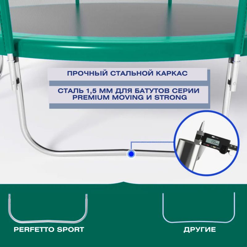 Фотография Батут с защитной сеткой "PERFETTO SPORT PREMIUM STRONG 12" диаметр 3,7 м зелёный 18