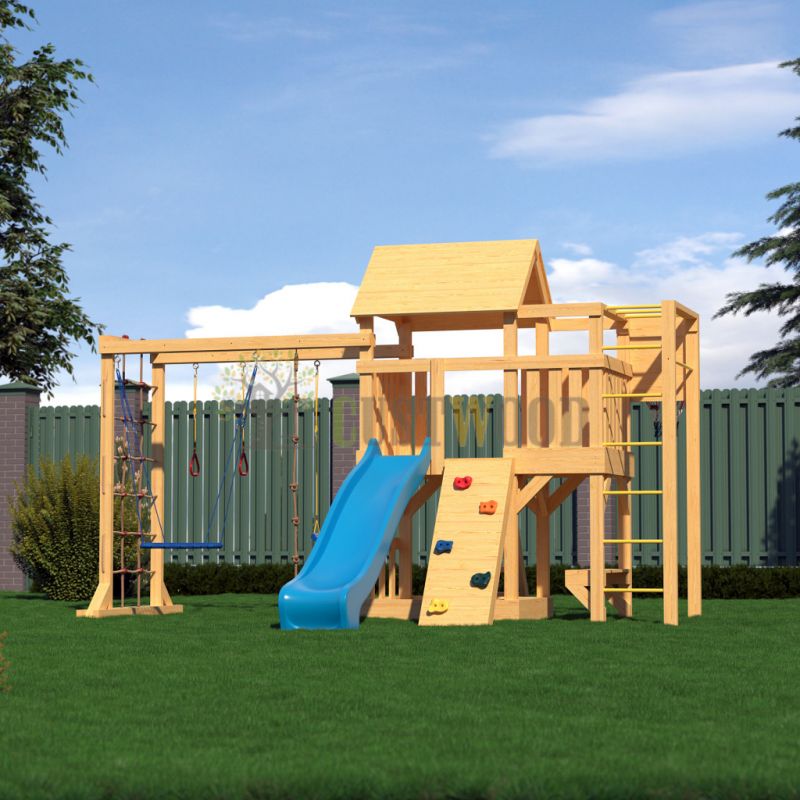 Фотография Детская деревянная игровая площадка для улицы, дачи CustWood Scout S10 с деревянной крышей 0