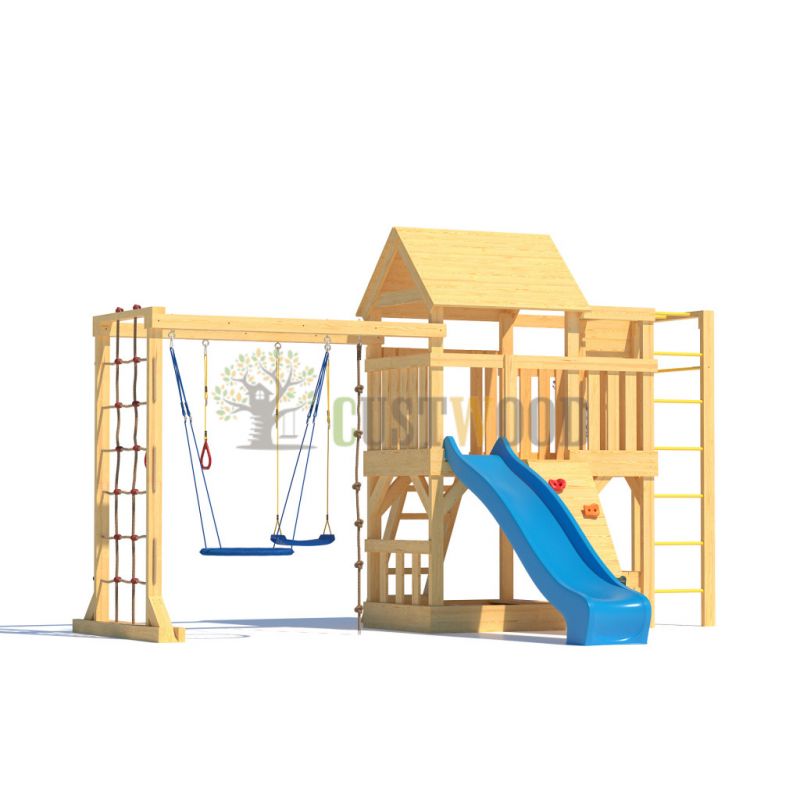 Фотография Детская деревянная игровая площадка для улицы, дачи CustWood Scout S10 с деревянной крышей 2