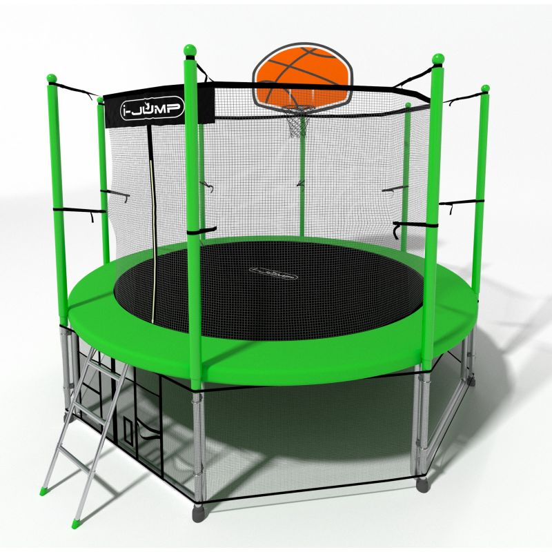 Фотография Батут i-JUMP Classic Basket 8ft с нижней сетью и лестницей (green) 3
